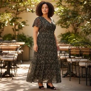 NY Collection Plus Size Short Sleeve Wrap Chiffon Maxi Dress, Green/Black, Sz 2X